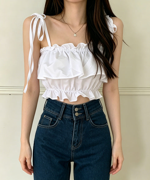 フリル キャミソール ペプラムキャミ夏服 レディース 肩リボン トップス 無地ノースリーブ 韓国風 フリルビスチェ 大人可愛いキャミ へそ出し 薄手 トップス 617SY-020