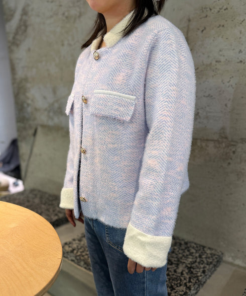 ふわふわモヘアライクジャケット 羽織もの ニットカーディガン 秋冬オフィスカジュアル 韓国風 前開き ライトアウター長袖 上品エレガント バイカラー 入園式入学式 617WT-005