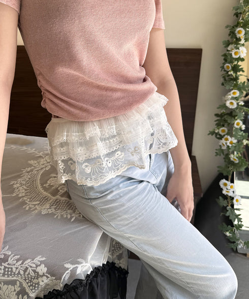 シアーラップスカート レースヒップカバー つけすそ シースルー付け裾 レイヤード ウエストリボン フェミニンスカート マルチウェア ガーリー ショート丈スカート 617XW-002