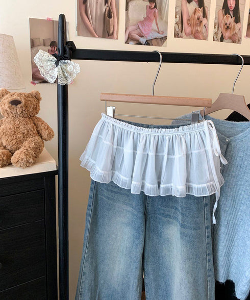 シアーラップスカート レースヒップカバー つけすそ シースルー付け裾 レイヤード ウエストリボン フェミニンスカート マルチウェア ガーリー ショート丈スカート 617XW-002