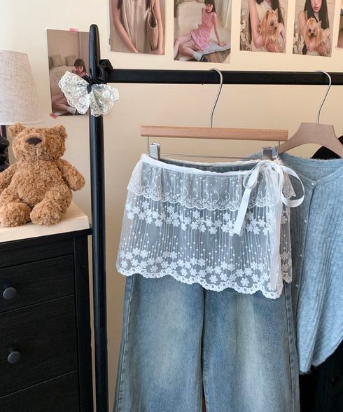 シアーラップスカート レースヒップカバー つけすそ シースルー付け裾 レイヤード ウエストリボン フェミニンスカート マルチウェア ガーリー ショート丈スカート 617XW-002