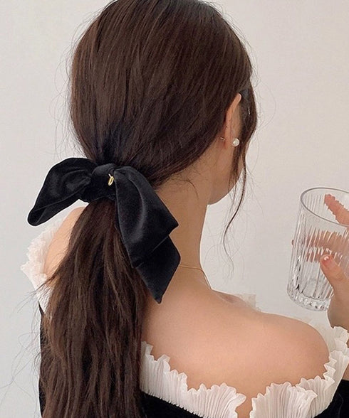 リボン付きシュシュ ヘアゴム 韓国風 レディース ヘアバンド ヘアアレンジ 無地 髪留め 髪飾り オルチャン おしゃれ 大人 可愛い オフィスカジュアル 雑貨 617XW-010