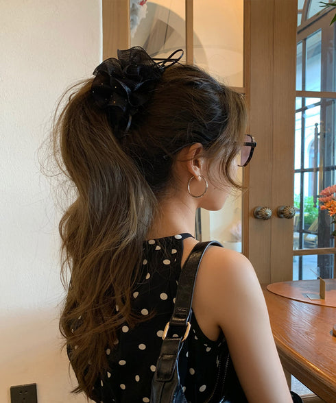 キラキラフリル リボンヘアバナナクリップ おしゃれ ヘアアクセサリー 髪留め レディース ヘアクリップ 清楚 まとめ髪 大人 かわいい フェミニン 女子会 演奏会 617XW-023