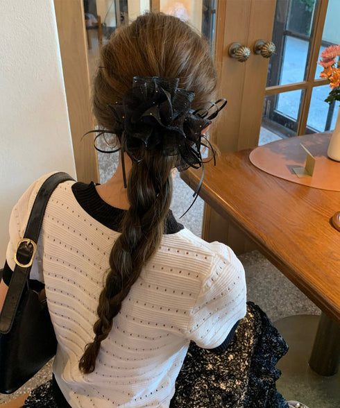 キラキラフリル リボンヘアバナナクリップ おしゃれ ヘアアクセサリー 髪留め レディース ヘアクリップ 清楚 まとめ髪 大人 かわいい フェミニン 女子会 演奏会 617XW-023