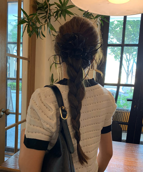 キラキラフリル リボンヘアバナナクリップ おしゃれ ヘアアクセサリー 髪留め レディース ヘアクリップ 清楚 まとめ髪 大人 かわいい フェミニン 女子会 演奏会 617XW-023