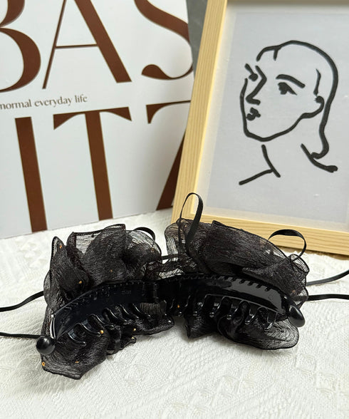 キラキラフリル リボンヘアバナナクリップ おしゃれ ヘアアクセサリー 髪留め レディース ヘアクリップ 清楚 まとめ髪 大人 かわいい フェミニン 女子会 演奏会 617XW-023