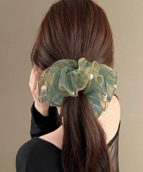 ボリュームシュシュオーガンジーヘアアクセ パールシュシュ きれいめ上品 大ぶりシアーシュシュ大きめ 透け感シアー髪飾り 大人可愛いヘアアクセサリー 韓国風 髪留め 617XW-024