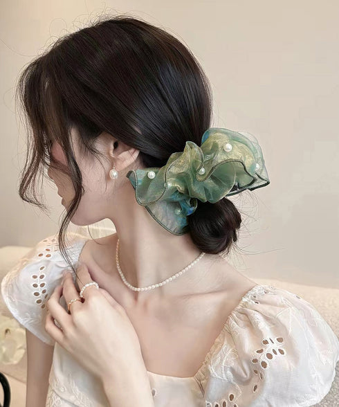 ボリュームシュシュオーガンジーヘアアクセ パールシュシュ きれいめ上品 大ぶりシアーシュシュ大きめ 透け感シアー髪飾り 大人可愛いヘアアクセサリー 韓国風 髪留め 617XW-024