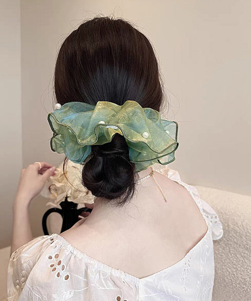 ボリュームシュシュオーガンジーヘアアクセ パールシュシュ きれいめ上品 大ぶりシアーシュシュ大きめ 透け感シアー髪飾り 大人可愛いヘアアクセサリー 韓国風 髪留め 617XW-024
