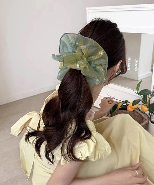 ボリュームシュシュオーガンジーヘアアクセ パールシュシュ きれいめ上品 大ぶりシアーシュシュ大きめ 透け感シアー髪飾り 大人可愛いヘアアクセサリー 韓国風 髪留め 617XW-024