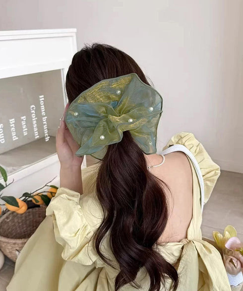 ボリュームシュシュオーガンジーヘアアクセ パールシュシュ きれいめ上品 大ぶりシアーシュシュ大きめ 透け感シアー髪飾り 大人可愛いヘアアクセサリー 韓国風 髪留め 617XW-024