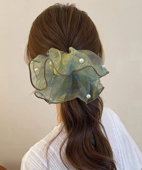 ボリュームシュシュオーガンジーヘアアクセ パールシュシュ きれいめ上品 大ぶりシアーシュシュ大きめ 透け感シアー髪飾り 大人可愛いヘアアクセサリー 韓国風 髪留め 617XW-024