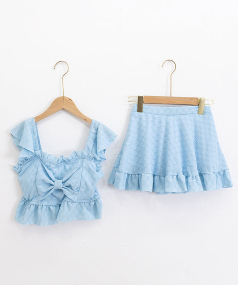 盛れる水着レディースフリル水着2点セット セパレートスイムウェア インナーパンツ付き フロントリボン 海水浴ビスチェ水着 体型カバー水着 韓国風 夏海プール水着 617YY-003