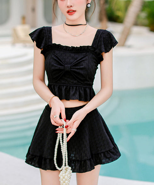 盛れる水着レディースフリル水着2点セット セパレートスイムウェア インナーパンツ付き フロントリボン 海水浴ビスチェ水着 体型カバー水着 韓国風 夏海プール水着 617YY-003