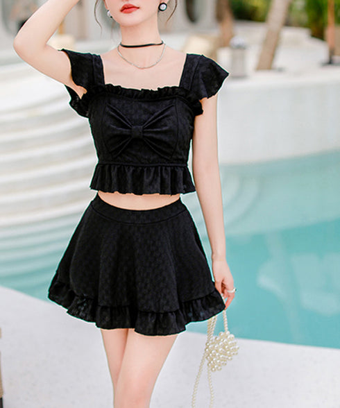 盛れる水着レディースフリル水着2点セット セパレートスイムウェア インナーパンツ付き フロントリボン 海水浴ビスチェ水着 体型カバー水着 韓国風 夏海プール水着 617YY-003