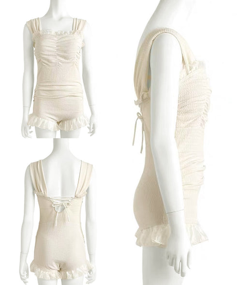 ワンピース水着 レースフリル水着 韓国風 レディース 体型カバー水着 フリルデザイン 背中レースアップ 大人可愛い ビーチ リゾート 夏 プール用 スイムウェア 617YY-009