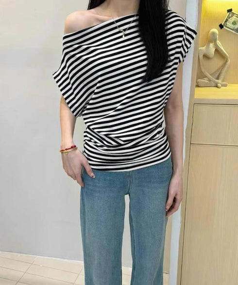 オフショルダーカットソー サイドギャザー ワンショルダーtシャツ レディース ボートネック 肩見せTシャツ 薄手夏t 大人カジュアル 半袖夏服 ボーダーtシャツ 6CCFS-002