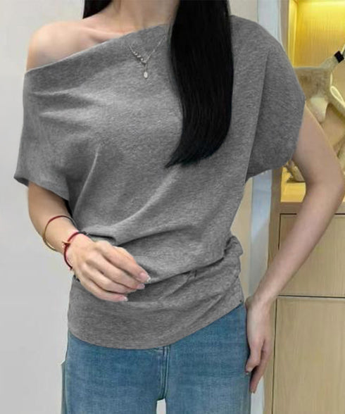 オフショルダーカットソー サイドギャザー ワンショルダーtシャツ レディース ボートネック 肩見せTシャツ 薄手夏t 大人カジュアル 半袖夏服 ボーダーtシャツ 6CCFS-002