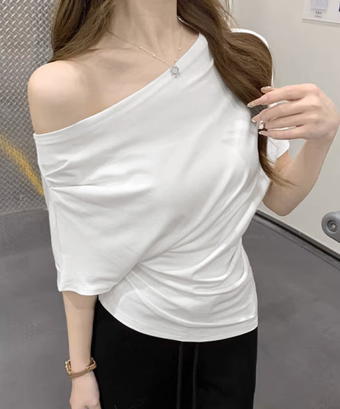 オフショルダーカットソー サイドギャザー ワンショルダーtシャツ レディース ボートネック 肩見せTシャツ 薄手夏t 大人カジュアル 半袖夏服 ボーダーtシャツ 6CCFS-002