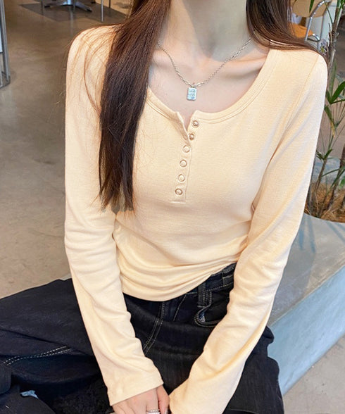 カップ付きリブニットトップス暖かインナー ヘンリーネック 長袖カットソー レディース パッド入りインナートップス 秋冬重ね着保温インナー肌着 大人カジュア 韓国風 6CHUNCHUN-001