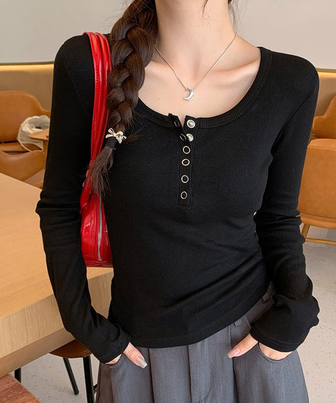 カップ付きリブニットトップス暖かインナー ヘンリーネック 長袖カットソー レディース パッド入りインナートップス 秋冬重ね着保温インナー肌着 大人カジュア 韓国風 6CHUNCHUN-001