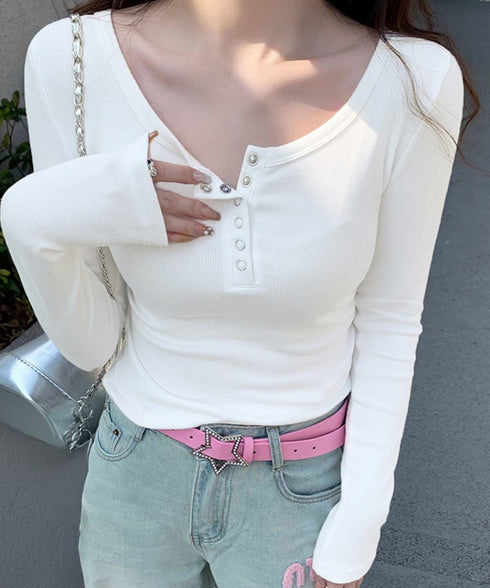 カップ付きリブニットトップス暖かインナー ヘンリーネック 長袖カットソー レディース パッド入りインナートップス 秋冬重ね着保温インナー肌着 大人カジュア 韓国風 6CHUNCHUN-001