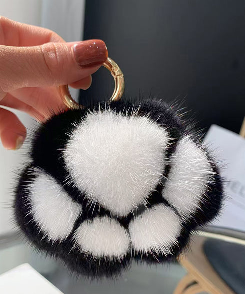 足跡キーホルダー もこもこファーチャーム ふわふわバッグチャーム リング付き 猫の肉球キーリング キーチェーン可愛いバッグ飾り 鞄アクセサリーお洒落ミニチャーム 6ERHANG-001