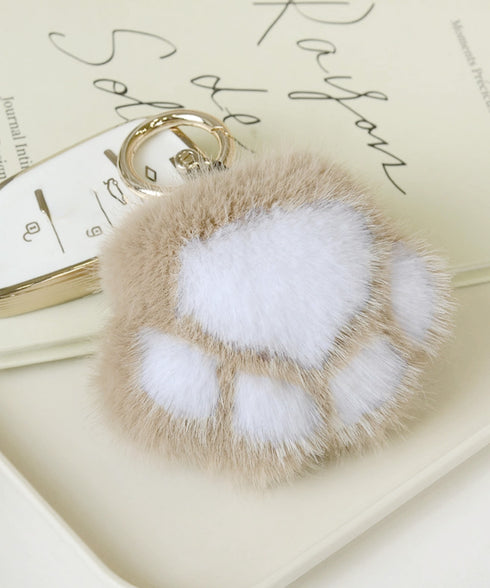 足跡キーホルダー もこもこファーチャーム ふわふわバッグチャーム リング付き 猫の肉球キーリング キーチェーン可愛いバッグ飾り 鞄アクセサリーお洒落ミニチャーム 6ERHANG-001