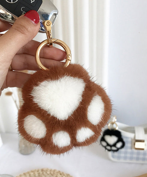 足跡キーホルダー もこもこファーチャーム ふわふわバッグチャーム リング付き 猫の肉球キーリング キーチェーン可愛いバッグ飾り 鞄アクセサリーお洒落ミニチャーム 6ERHANG-001