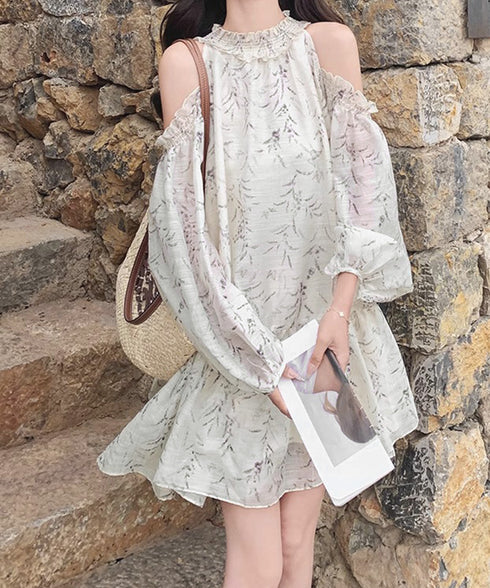 オフショルダー ティアードミニワンピース レディース 花柄 フリルワンピース フェミニン ゆったり チュニックワンピース きれいめ 可愛い夏服 フレアワンピデート 6GUJI-001