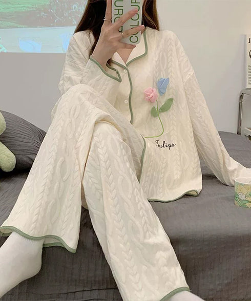 韓国パジャマ レディース 部屋着薄手長袖 大人可愛い ルームウェア 修学旅行 パジャマセットアップ 総柄 ラウンジウェア リラックス ナイトウェア 春秋冬 寝巻き 6JFGE-001