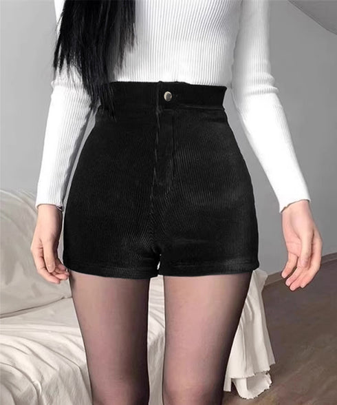 コーデュロイショートパンツ秋冬短パン脚長 韓国風ショーパン レディース ハイウエスト盛れるミニ丈パンツ 着やせ スタイルアップ おしゃれボトムス美脚大人カジュアル 6JIANJI-001
