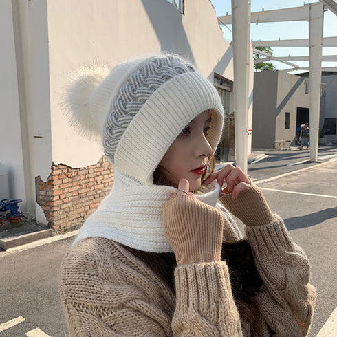 フードウォーマーネックウォーマー2点一体 ニット帽子 ニットマフラー 一体型 フード付マフラー秋冬ストール スノーボード スキー 防寒帽子レディース あったか保温 6JIUS-001