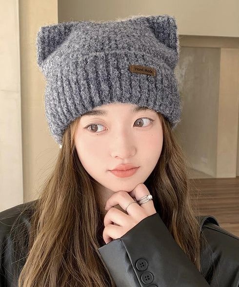 猫耳ビーニー リブニット帽子 レディース 暖かいねこ耳帽子韓国風 秋冬帽子おしゃれ 小顔帽子 シンプル帽子無地 チクチクしない毛糸帽子 防風防寒グッズ プレゼント 6JIUS-003