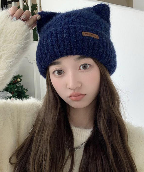 猫耳ビーニー リブニット帽子 レディース 暖かいねこ耳帽子韓国風 秋冬帽子おしゃれ 小顔帽子 シンプル帽子無地 チクチクしない毛糸帽子 防風防寒グッズ プレゼント 6JIUS-003