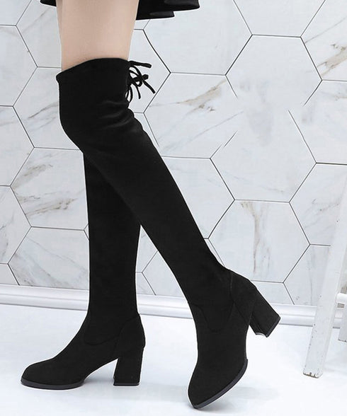 ニーハイブーツ レディース ロングブーツ スエード調 ストレッチ 膝上ブーツ 歩きやすい チャンキーヒール秋冬靴 美脚脚長ブーツ 裏起毛防寒あったかブーツ 細見せ 6JLONG-004