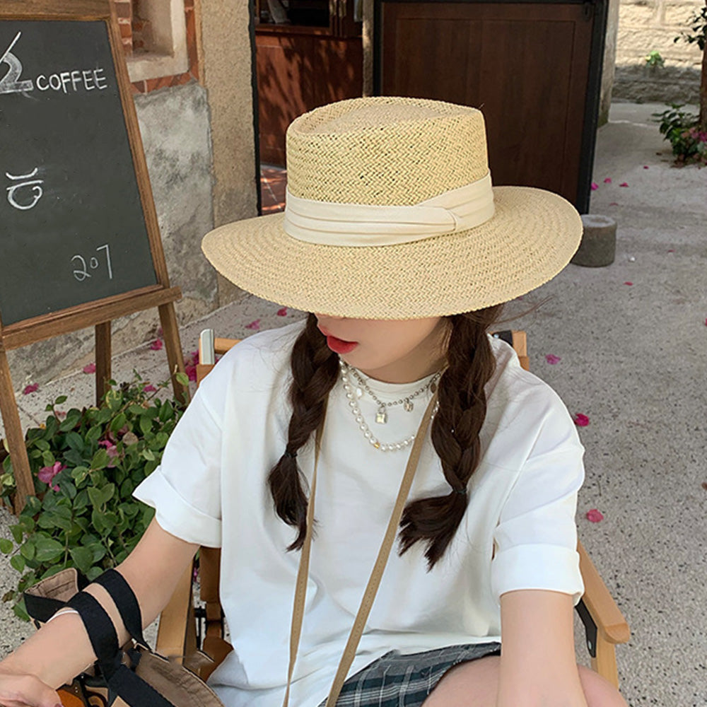 カンカン帽子紫外線対策ストローハット大人 ベージュ*アイボリー