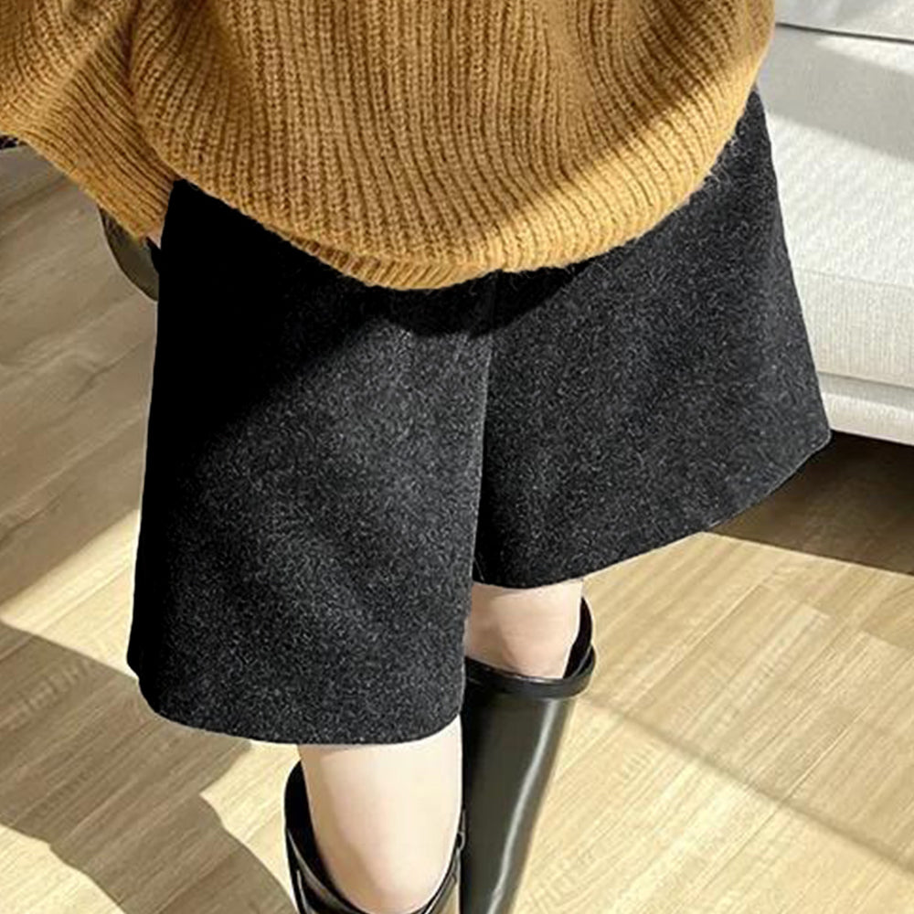 ウール風ハーフパンツ5分丈ワイドパンツ ブラック