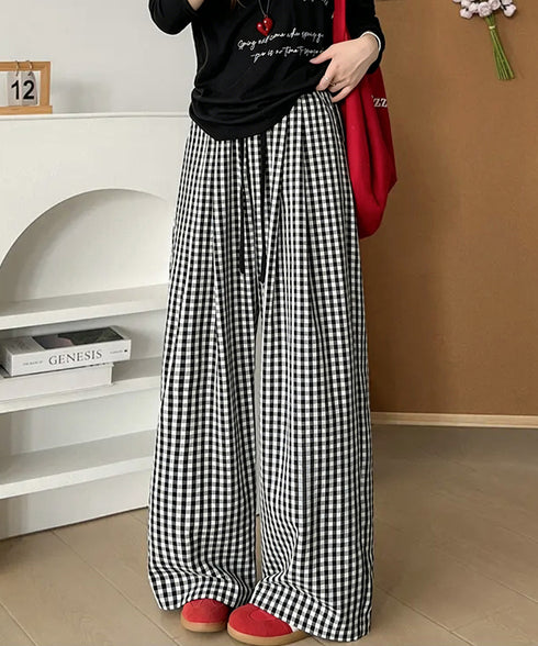 ギンガムチェックワイドパンツハイウエスト 可愛い格子柄ロングパンツレディース 体型カバーパンツカジュアルきれいめ イージーパンツ楽ちん サッカー生地パジャマパンツ 6LANYING-001