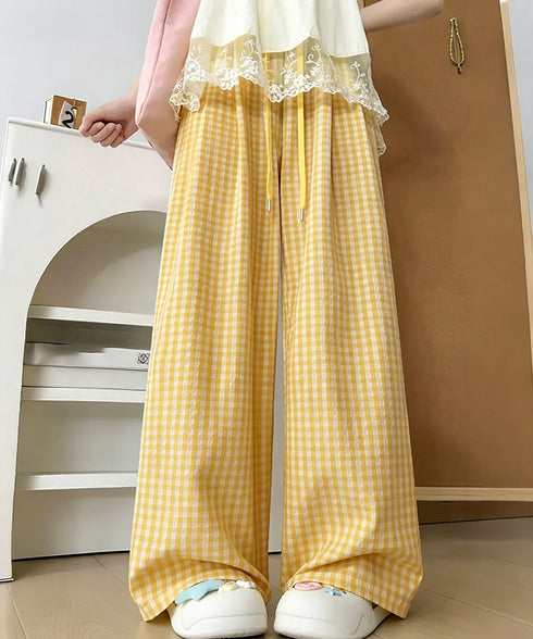 ギンガムチェックワイドパンツハイウエスト 可愛い格子柄ロングパンツレディース 体型カバーパンツカジュアルきれいめ イージーパンツ楽ちん サッカー生地パジャマパンツ 6LANYING-001