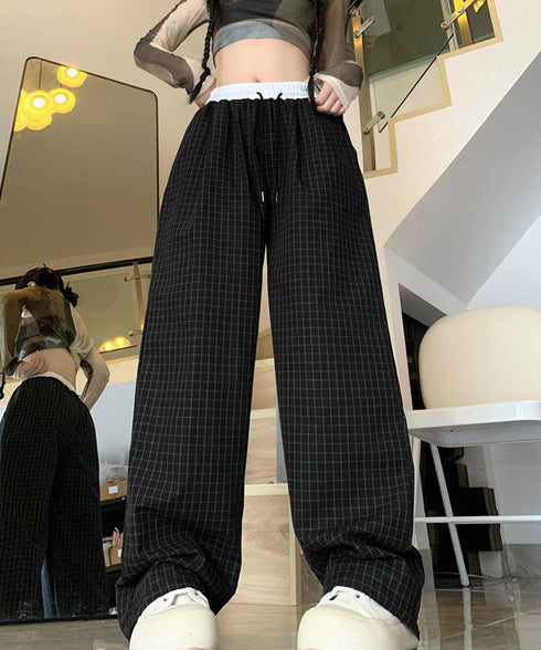 チェック柄ワイドパンツハイウエスト春夏服 カジュアルイージーパンツ レディース レトロ風ストレートパンツ ゆったり 薄手ロングパンツ韓国風 ウエストゴムポケット付 6LINCHUANG-002