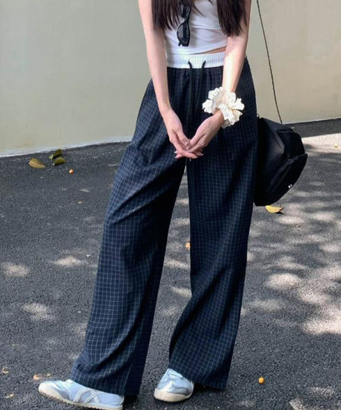 チェック柄ワイドパンツハイウエスト春夏服 カジュアルイージーパンツ レディース レトロ風ストレートパンツ ゆったり 薄手ロングパンツ韓国風 ウエストゴムポケット付 6LINCHUANG-002