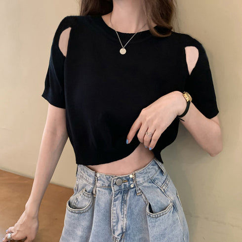 ショート丈 ニットトップス へそ出し ショート丈 ニットトップス へそ出し カットソー オフショルダーク セクシー サマーニットtシャツ クロップド丈 6LSMX-001
