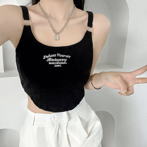 カップ付き タンクトップ ショート丈韓国 レディース 可愛い クロップド丈トップス へそ出し セクシーキャミソール ロゴ ダンス衣装 おしゃれ夏服ブラ付きインナー 6LUOLT-001