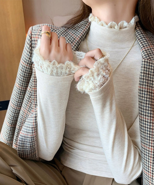 レースフリル付きハイネックリブニットソー きれいめドッキングニット大人可愛い 切替ニットトップスレディース シンプルニットお洒落 メロウフリルインナートップス長袖 6MOUHE-001