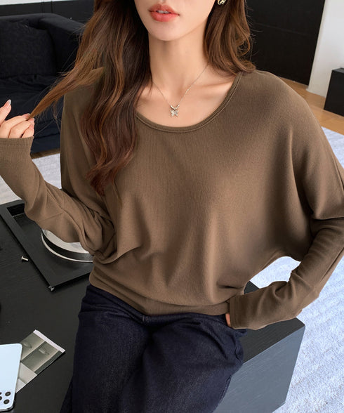 ドルマンスリーブTシャツ 長袖カットソー ゆったりトップス無地 レディースシンプルプルオーバー 大人カジュアル 韓国風デイリー リラックス春秋冬服体型カバー着やせ 6MOUHE-002