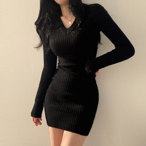 ミニニットワンピース スリムフィット韓国 レディース Vネック タイトワンピース 大人カジュアル セクシーワンピース きれいめ重ね着ワンピ 着やせ セータードレス 6MRENJ-001