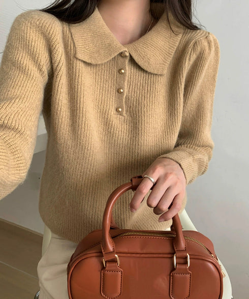 ポロカラーニットトップス ゴールドボタン ニットウェアレディース オフィスカジュアル 着回しニットセーター きれいめ ニットプルオーバー おしゃれ 長袖 春秋冬服 6MRENJ-012
