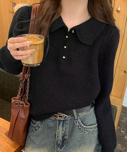 ポロカラーニットトップス ゴールドボタン ニットウェアレディース オフィスカジュアル 着回しニットセーター きれいめ ニットプルオーバー おしゃれ 長袖 春秋冬服 6MRENJ-012