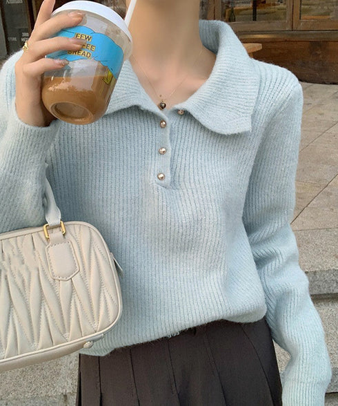 ポロカラーニットトップス ゴールドボタン ニットウェアレディース オフィスカジュアル 着回しニットセーター きれいめ ニットプルオーバー おしゃれ 長袖 春秋冬服 6MRENJ-012